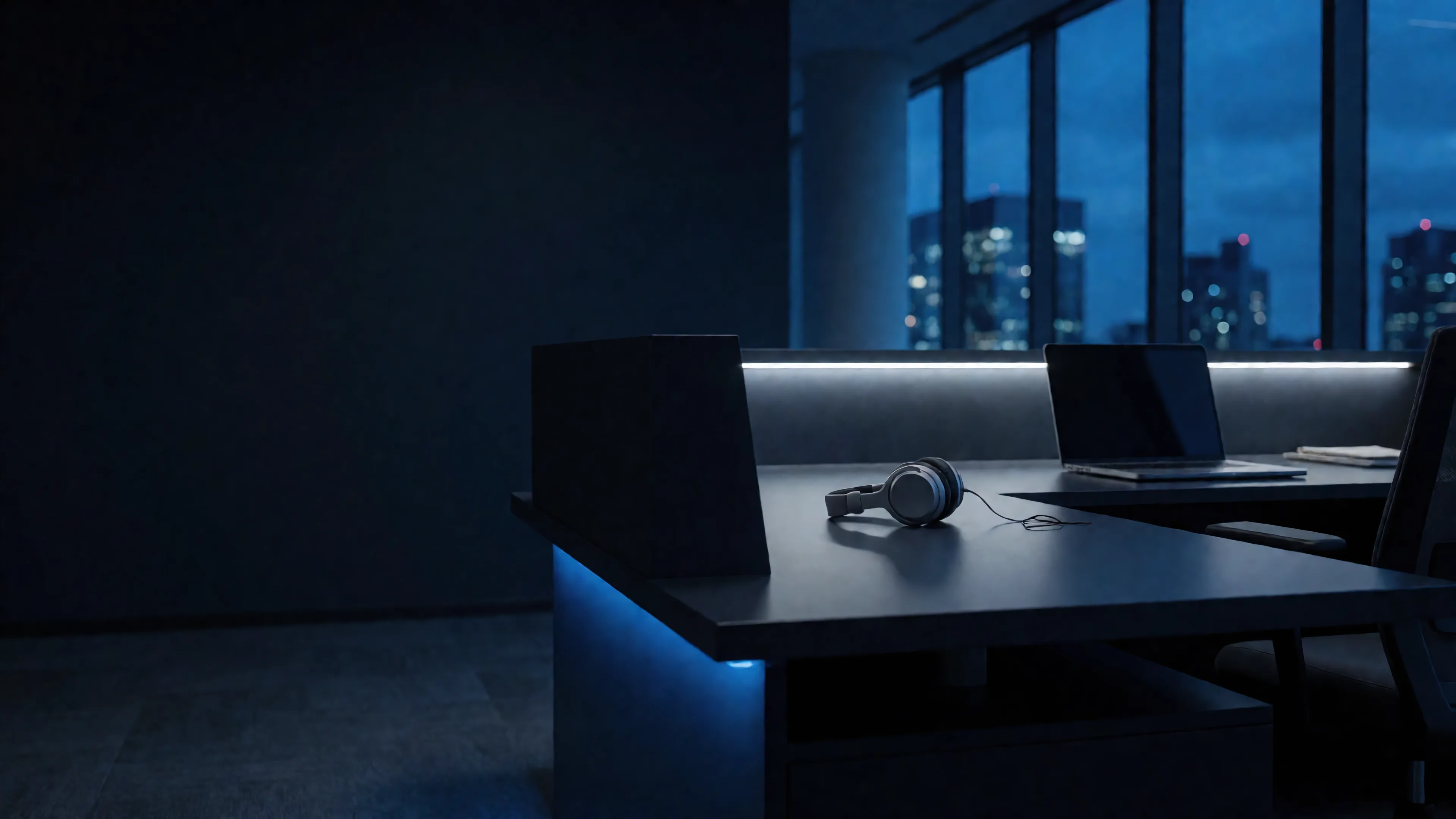 A modern office desk at dusk, headset ready, city lights behind